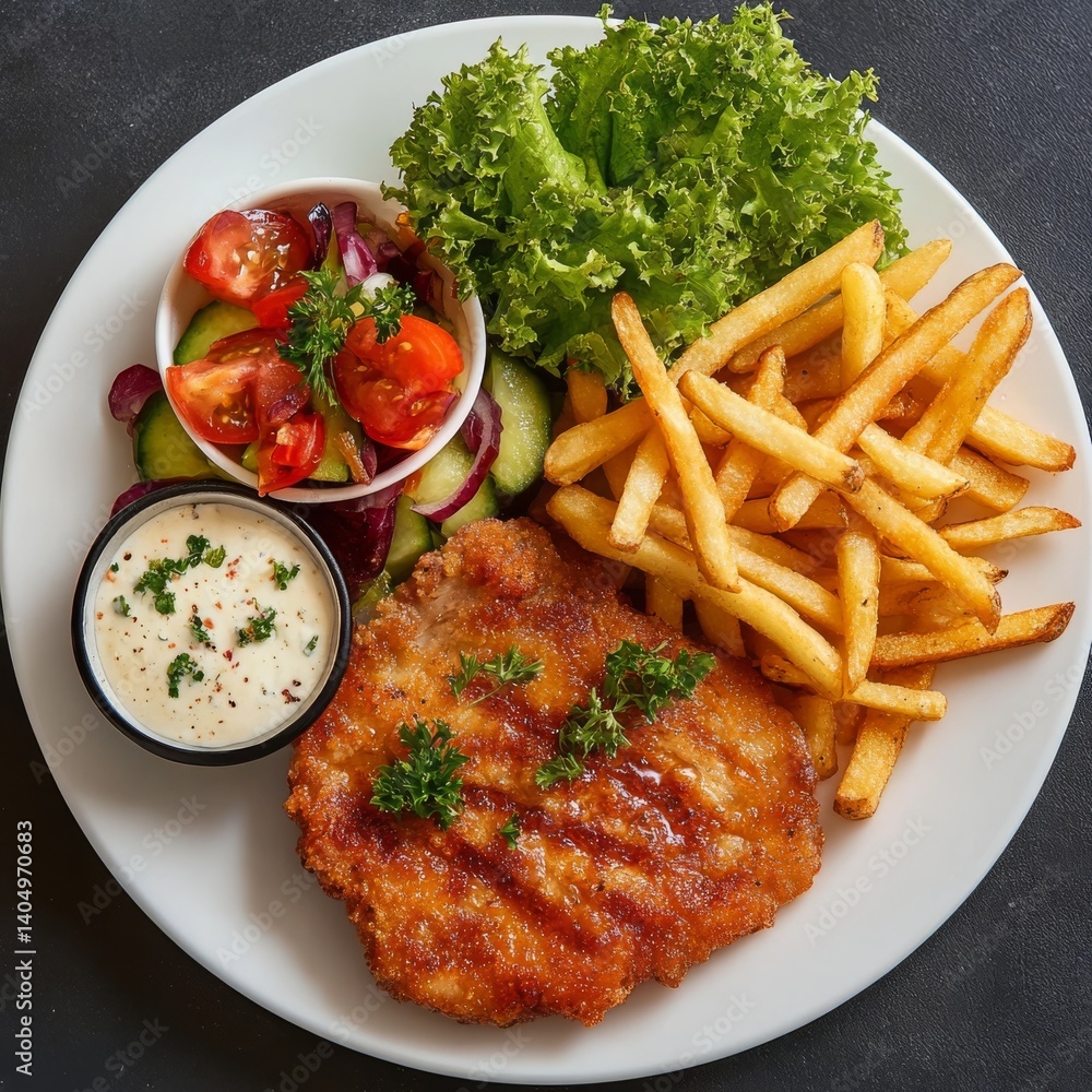 Fried pork chop, fries, and salad.