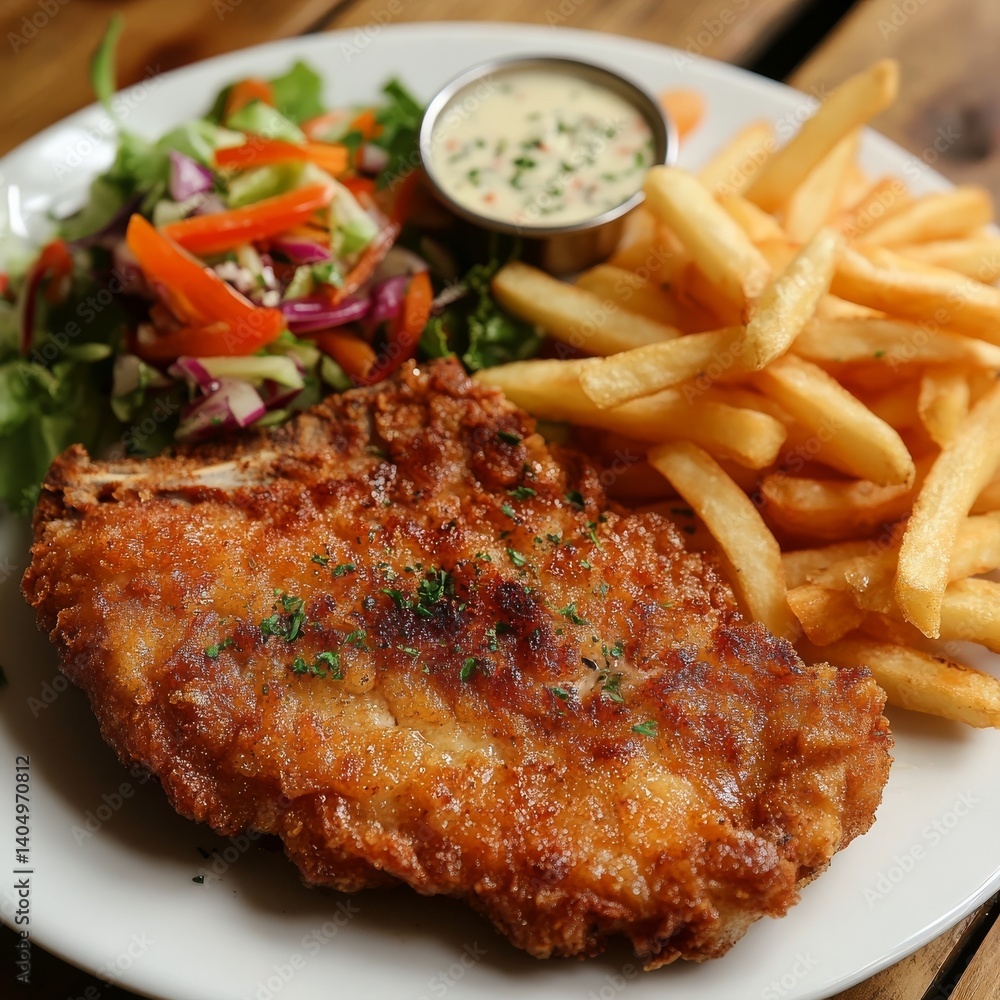 Fried pork, fries, salad.