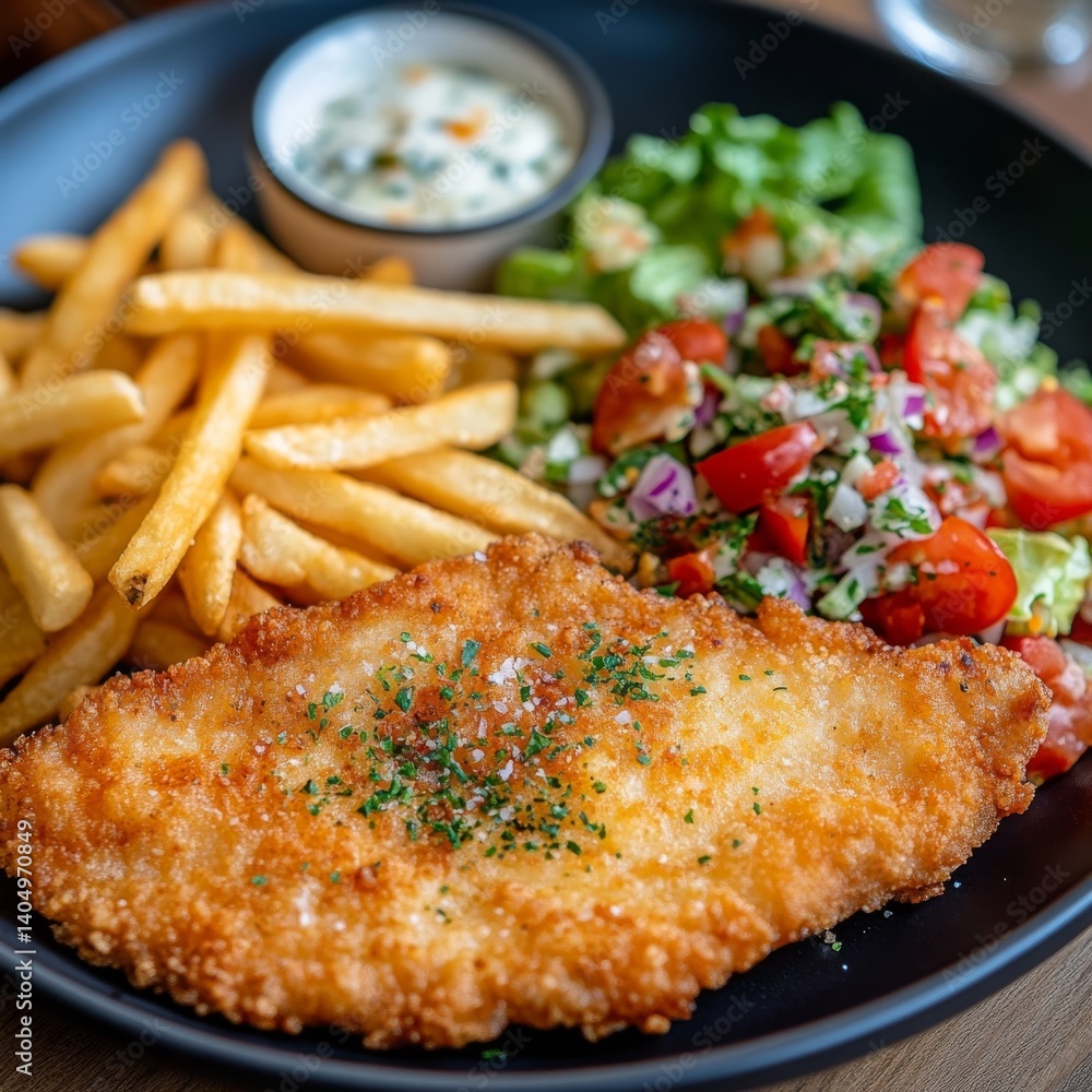 Pork, fries, salad.