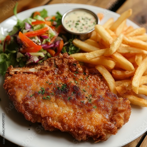 Obraz na płótnie Fried pork, fries, salad. w salonie
