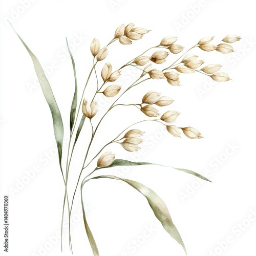 Wallpaper Mural Watercolor Oat Stalk Clipart – Delicate Hand-Painted Seed Clusters on Curved Stem in Soft Beige and Green Hues Torontodigital.ca