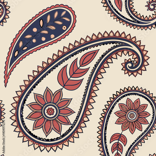 Seamless vector paisley pattern with floral designs in warm colors  