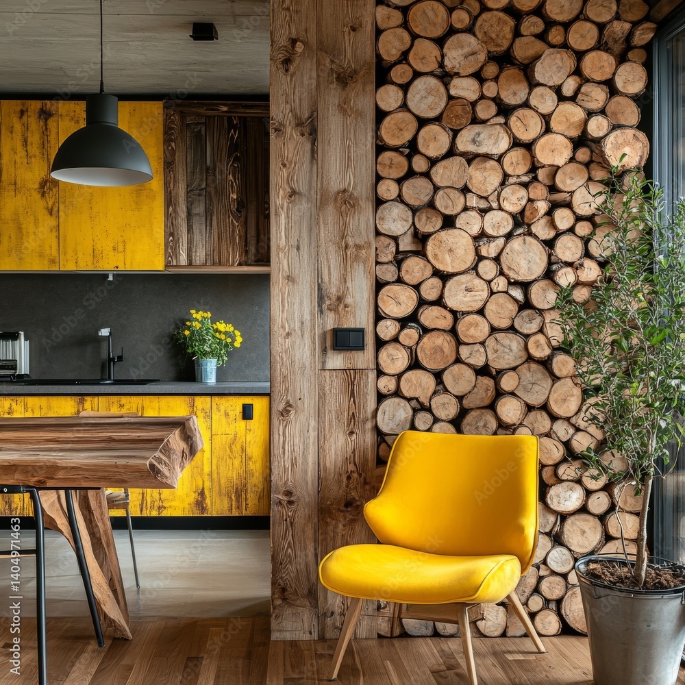 Cozy: yellow chair, logs, wood, dining in natural apartment.