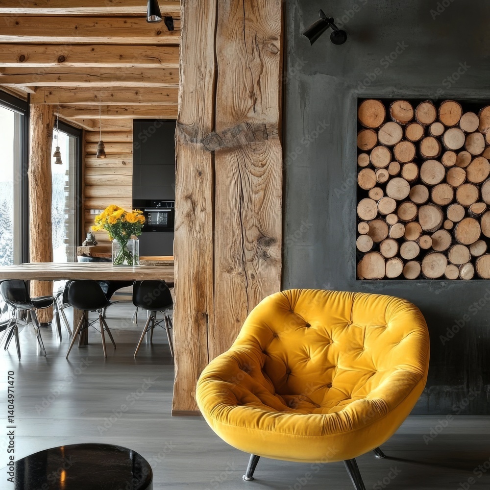 Natural apartment: yellow chair, wood decor, logs, dining space.