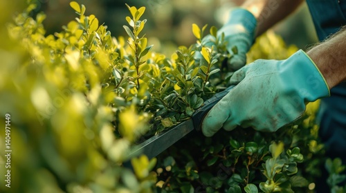 Landscaper trimming shrubs in a park garden. Featuring gardening and landscape maintenance