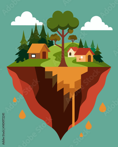 The erosion and destabilization of the soil due to largescale deforestation have led to devastating floods and landslides wreaking havoc on nearby communities.. Vector illustration
