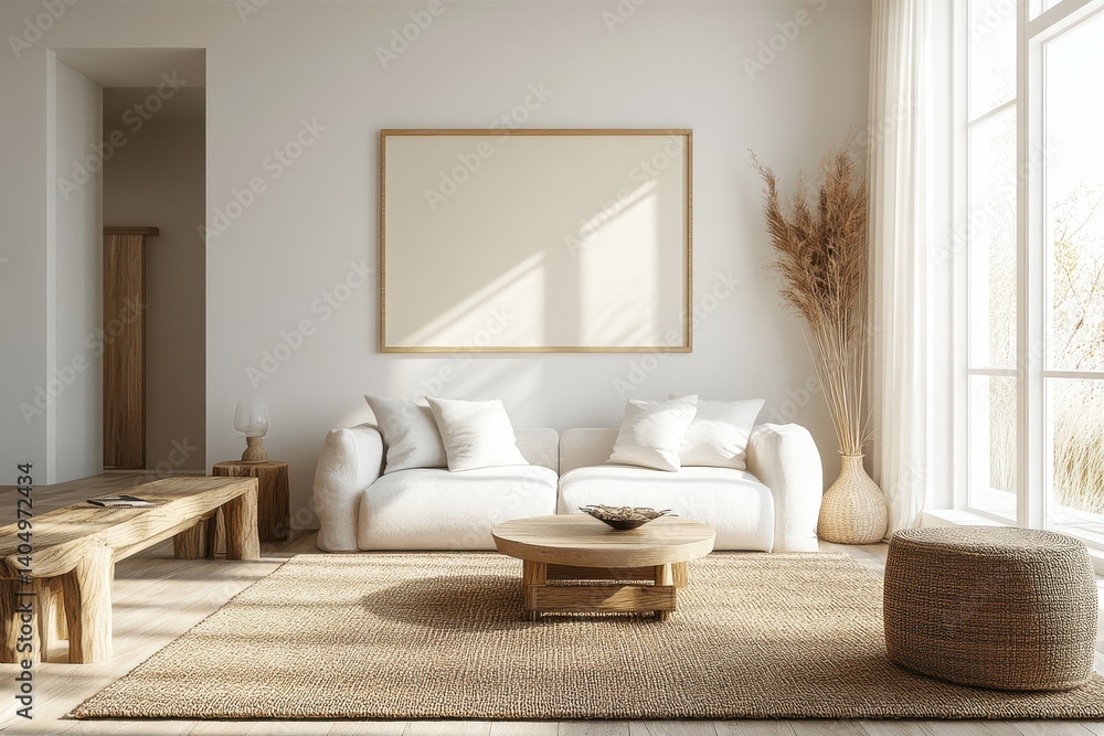 Fototapeta premium Minimalist Living Room Design Beige Sofa Wooden Coffee Table Jute Rug