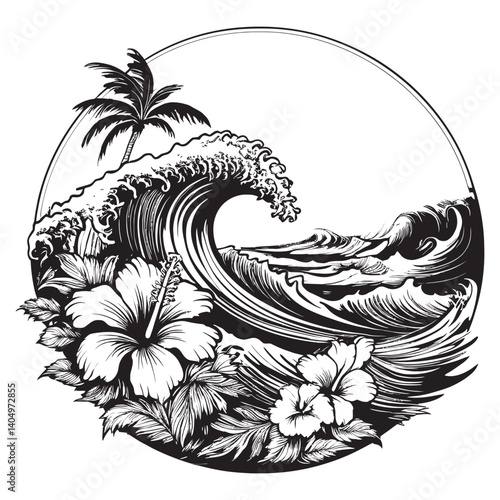 Tropical Wave with Hibiscus and Palm in Black and White Design