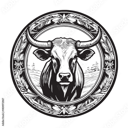 Rustic Black and White Illustration of a Bull Inside a Circle