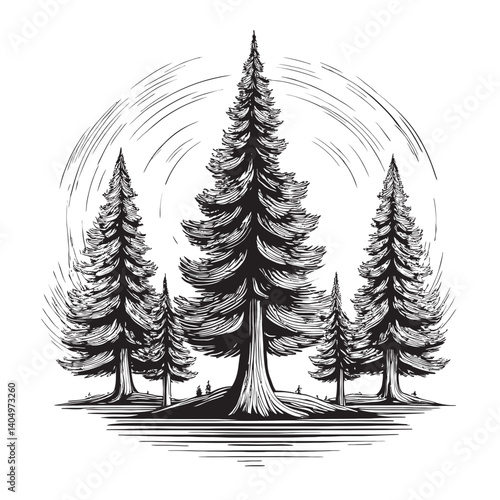 Detailed Forest Illustration Featuring Pine Trees and Landscape