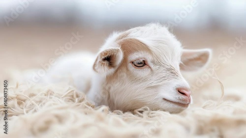 A baby goat is laying on a pile of hay.