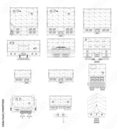 A series of drawings of buildings with a white background. The drawings are of different sizes and styles, but all have a similar theme of architecture
