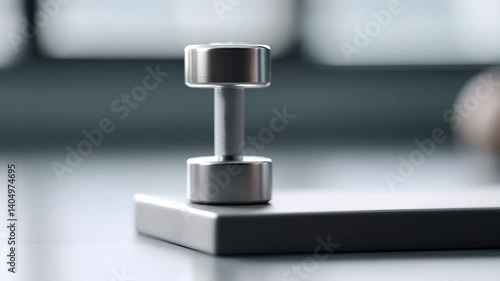 Streamlined dumbbell on a minimalist grey platform