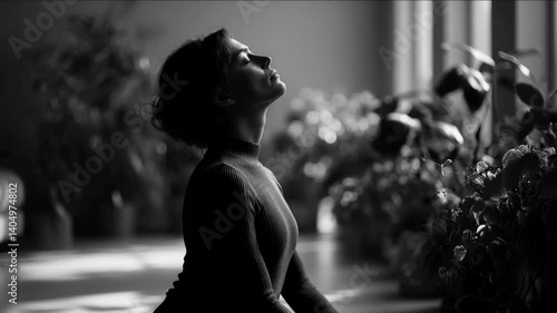 Yoga practitioner in child's pose surrounded by lush houseplants