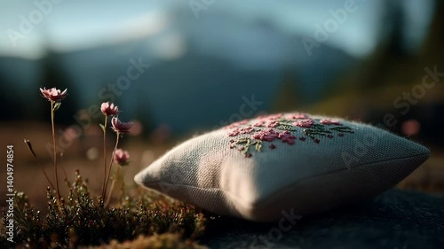 Ornate embroidered meditation cushion in an alpine meadow with snow-capped peaks