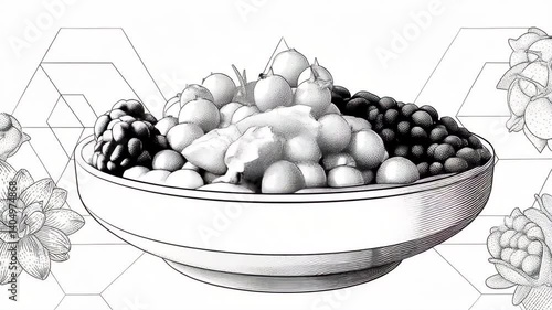 Minimalist line-art of a smoothie bowl with fresh berries