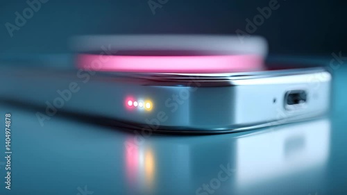 Futuristic wireless charging pad levitating above reflective surface