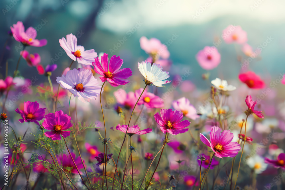Colorful cosmos flower blossom meadow in summer sunlight Colorful cosmos flower blossom meadow in summer sunlight