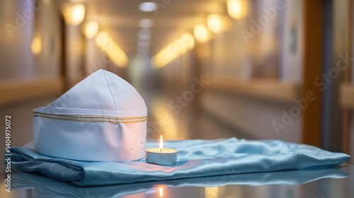 A starched nursing cap embroidered, laid upon indigo velvet beside a flickering votive, a tribute to healing hands and tireless vigilance.
