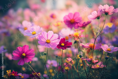 Beautiful cosmos flower blossoms in garden in summer sunlight