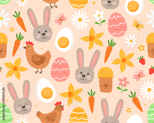 Seamless pattern for Easter day. Cute easter illustrations on a beige background. Bunnies, spring flowers, Easter eggs, chickens and carrots.