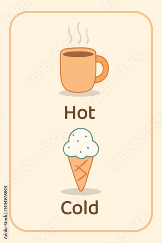 Quadro su tela Flashcard with opposites: Hot and Cold – Cup of Coffee and Ice Cream Cone – Anto