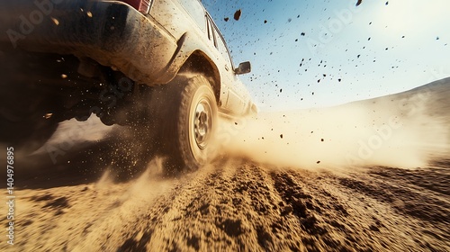 Vehicle Driving Fast on Dusty Off Road Terrain