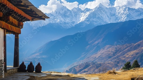 Monks contemplating the majestic himalayan mountains in serene landscape