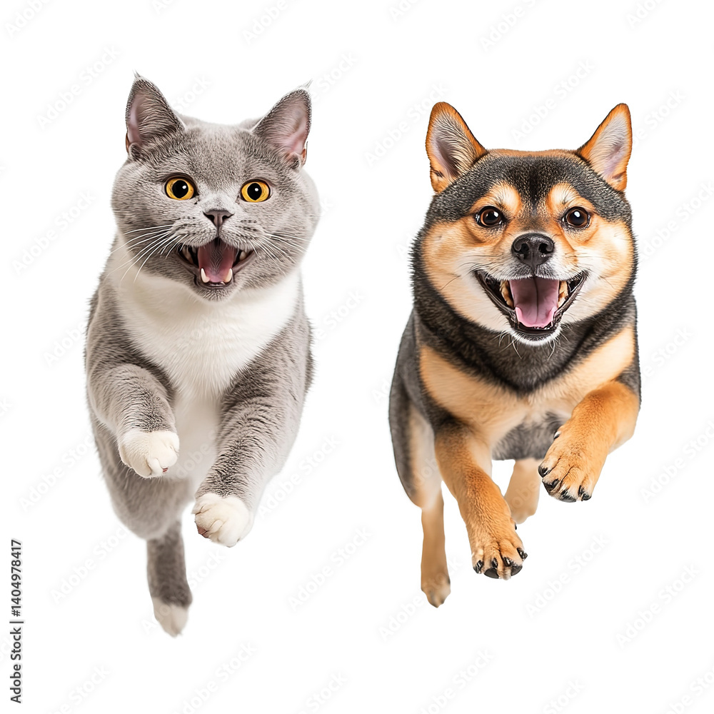 Obraz premium Happy Golden Retriever Puppy and Tabby Cat Running and Playing Together, Animal Friendship Isolated on PNG Transparent Background 