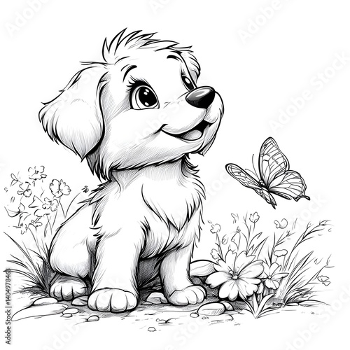 Cartoon dog line art with butterfly, coloring page design