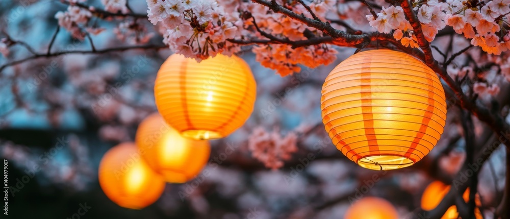 Fototapeta premium Glowing orange paper lanterns hanging on trees, creating a warm ambiance with cherry blossoms