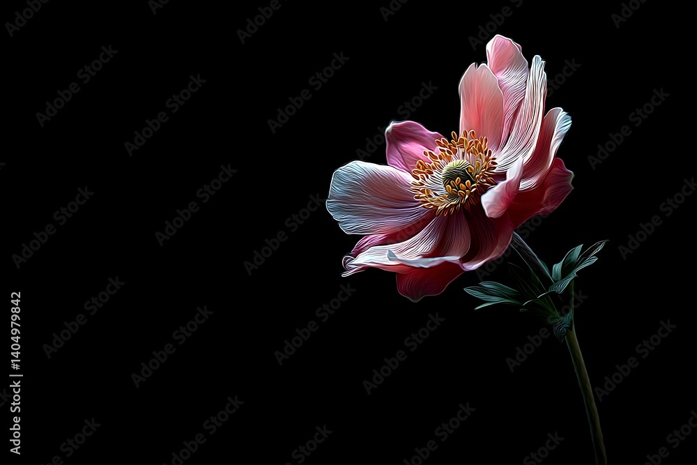 Fototapeta premium Anemone flower bloom isolated in spotlight over black background.