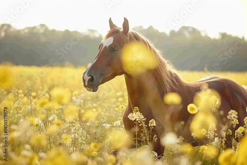 pony horse with beautiful mane on summer meadow, light bright photo