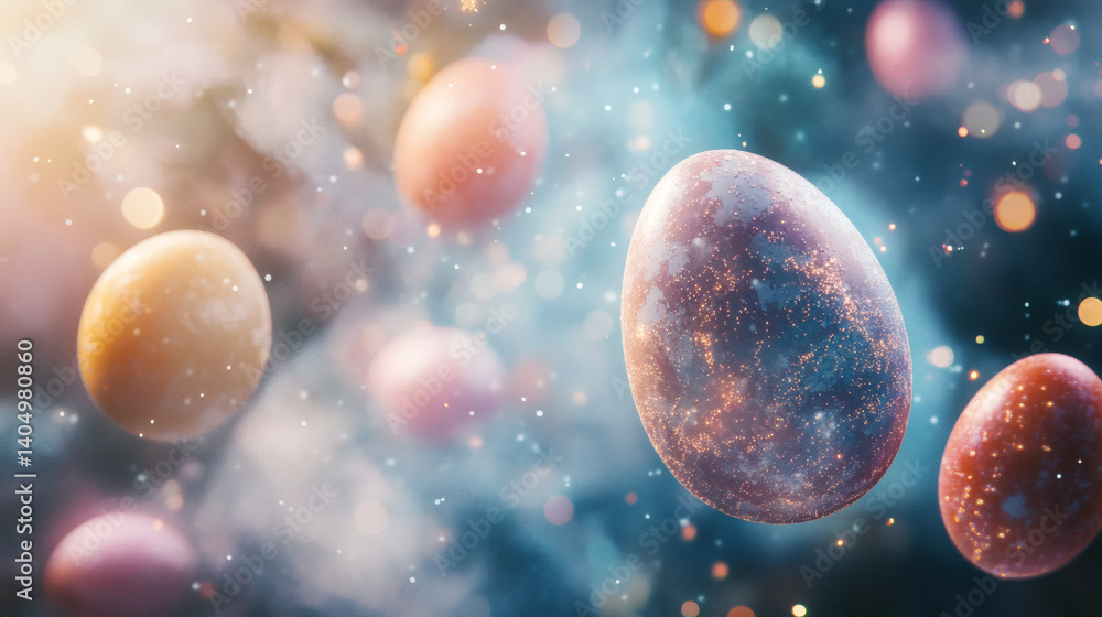 Floating easter eggs with colorful bokeh and artistic textures in blue space. Floating easter eggs with colorful bokeh and artistic textures in blue space.
