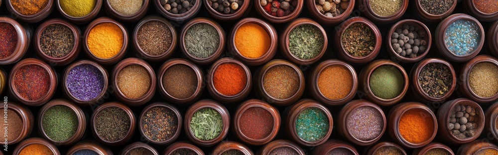 A colorful mix of herbs and spices set in tiny brown pots. A colorful mix of herbs and spices set in tiny brown pots.