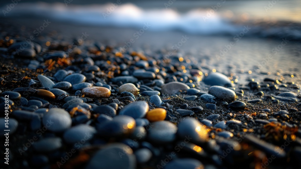Obraz premium Pebbles glisten on the shore during sunset