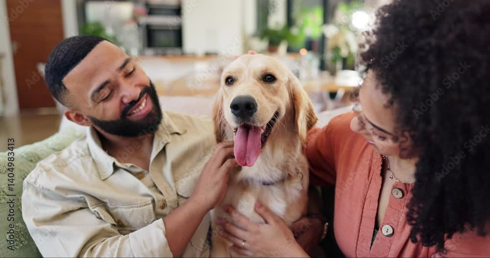Man, woman and dog on sofa to relax with care, love and bonding with smile for animal in home living room. People, pet and happy on lounge couch with stroke for hug together at apartment in Colombia Man, woman and dog on sofa to relax with care, love and bonding with smile for animal in home living room. People, pet and happy on lounge couch with stroke for hug together at apartment in Colombia