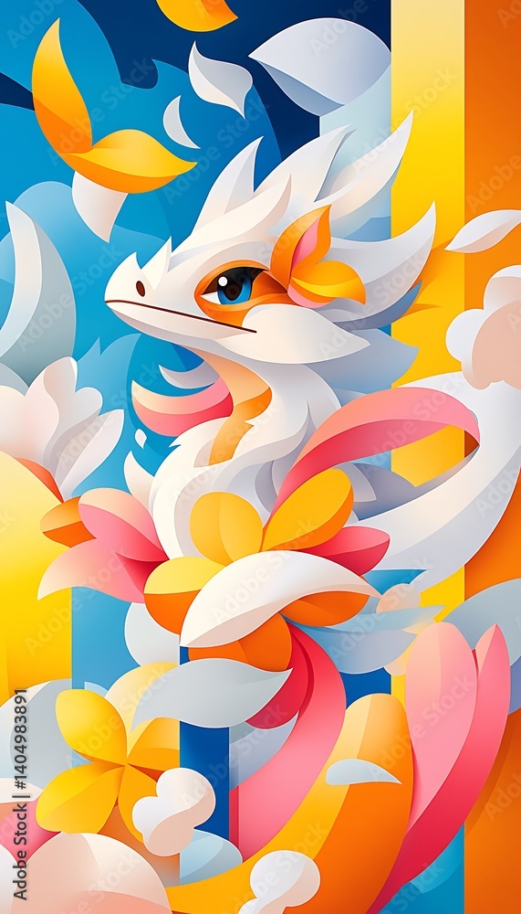 Obraz premium White Dragon Floral Fantasy Art.