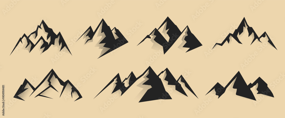 Fototapeta premium Set of mountain shapes in vintage textured style. Ideal for adventure logos, hiking themes or outdoor design. Mountain icons set in vintage retro style. Vector illustration