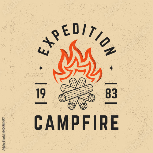 Campfire logo in vintage retro style. Expedition campfire logo with wood logs and flame in vintage style. Suitable for camping, survival and outdoor gear branding. Vector illustration