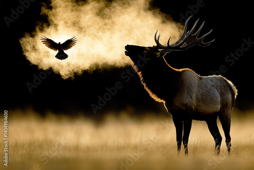 Dramatic wildlife scene of a bull elk bellowing in cold air, its breath lit by backlight as a bird flies past.