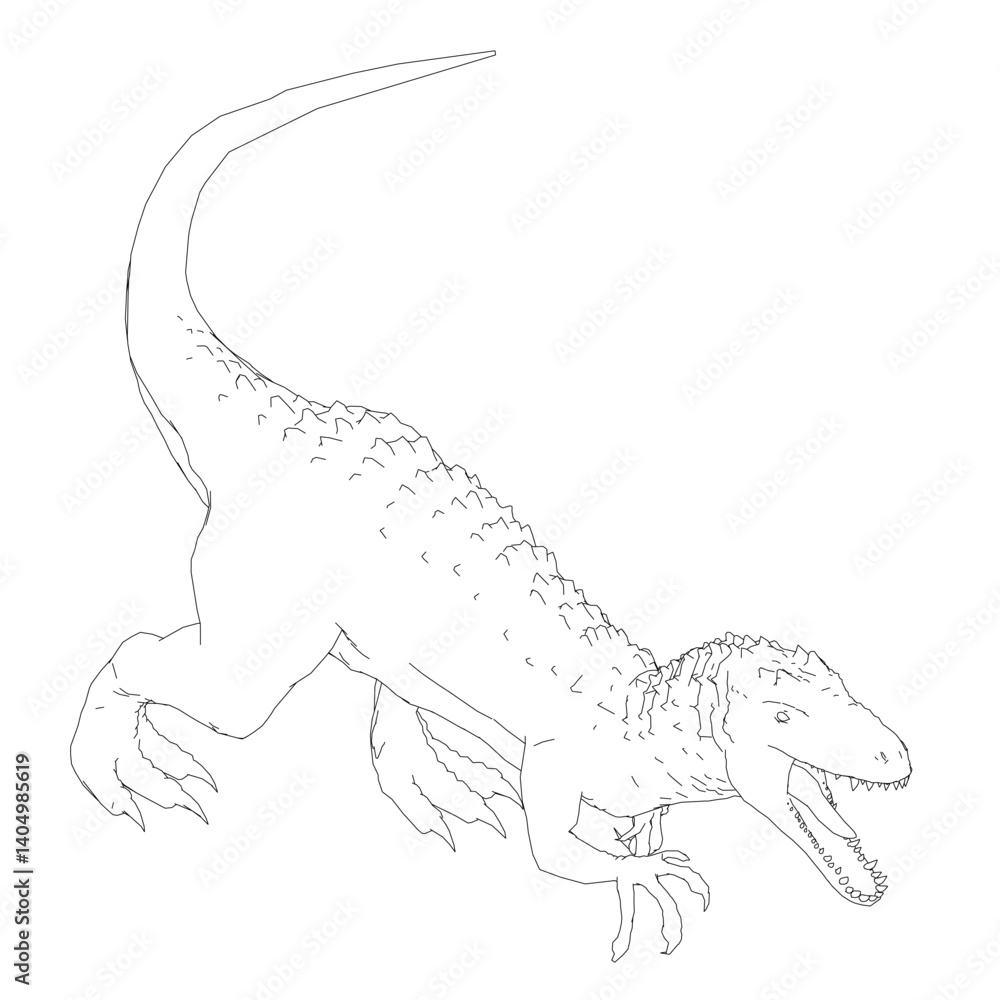 Obraz premium A large white drawing of a dinosaur with its mouth open. The dinosaur is depicted as a predator, ready to attack. The drawing is in black and white, giving it a dramatic and intense feel