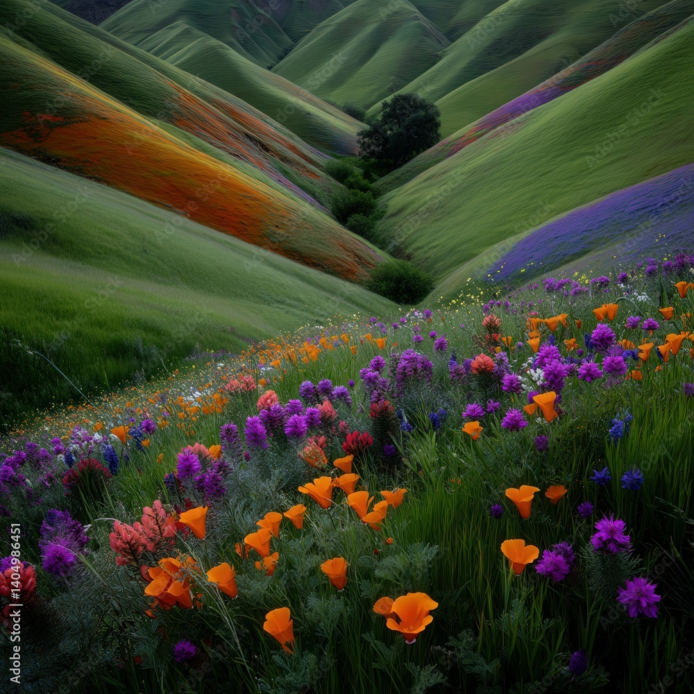 Obraz premium Vibrant wildflowers bloom across rolling green hills
