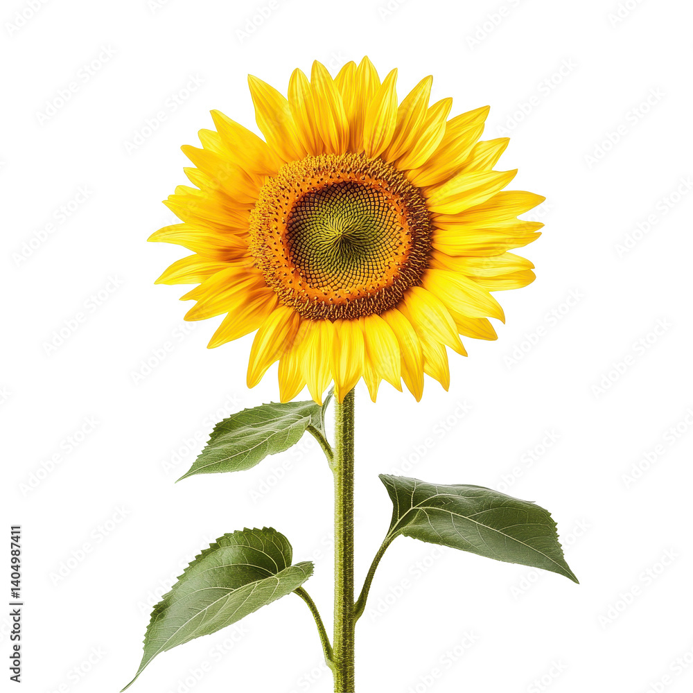 Obraz premium Bright sunflower with vibrant petals and green leaves on a Transparent background for nature themed decoration, sunflower isolated on PNG background