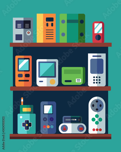 A shelf at a thrift store lined with outdated flip phones obsolete gaming consoles and other obsolete technology.. Vector illustration