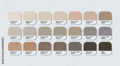 Taupe Color Guide Palette with color Names. Catalog Samples Taupe with RGB HEX codes and Names. Metal Colors Palette, Plastic and wood brown gray Color Palette, Fashion Trend Pantone Color Palette