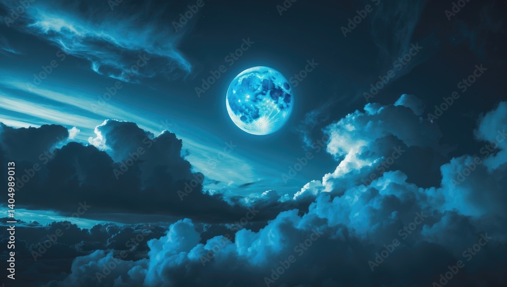 Fototapeta premium Moonlit night with clouds. Blue hue.