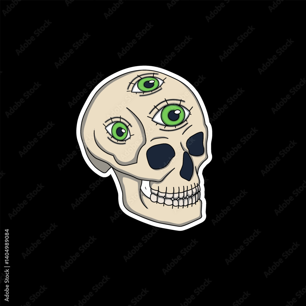 Fototapeta premium Colorful psychedelic stiker, skull with three green eyes, vibrant trippy design, surreal and abstract artwork.