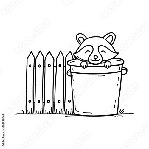 Raccoon peeking out from a trash can near a wooden fence