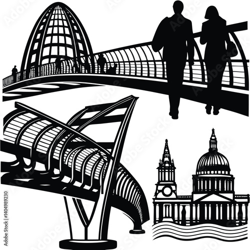Black and White Vector Art: Millennium Bridge, St. Paul's Cathedral, and People Walking in London, England - Architecture Illustration
